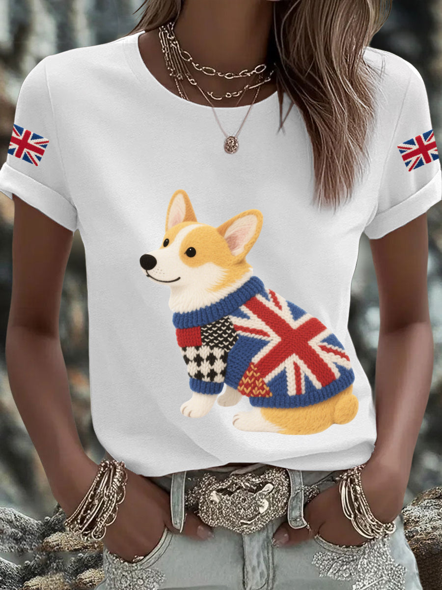 Women's UK Flag Corgi Printed T-shirt