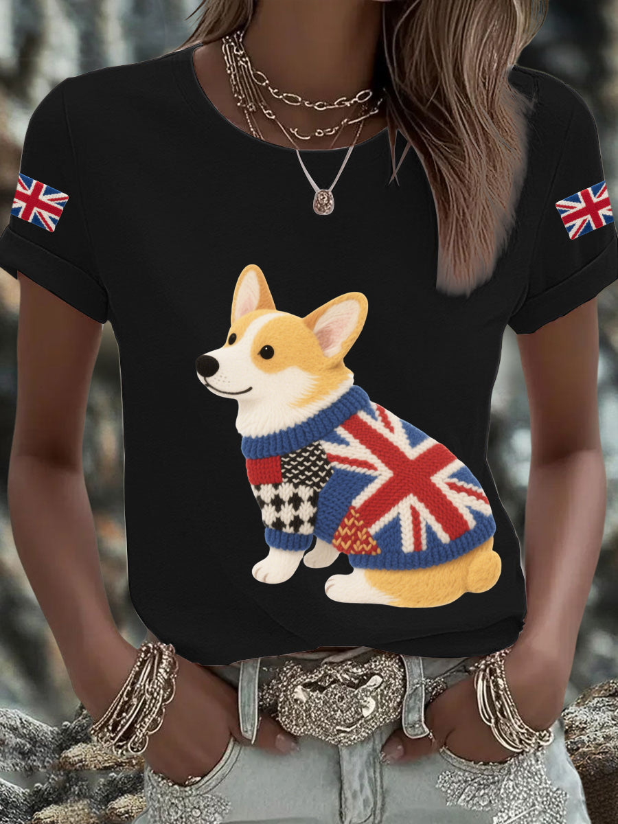 Women's UK Flag Corgi Printed T-shirt-1