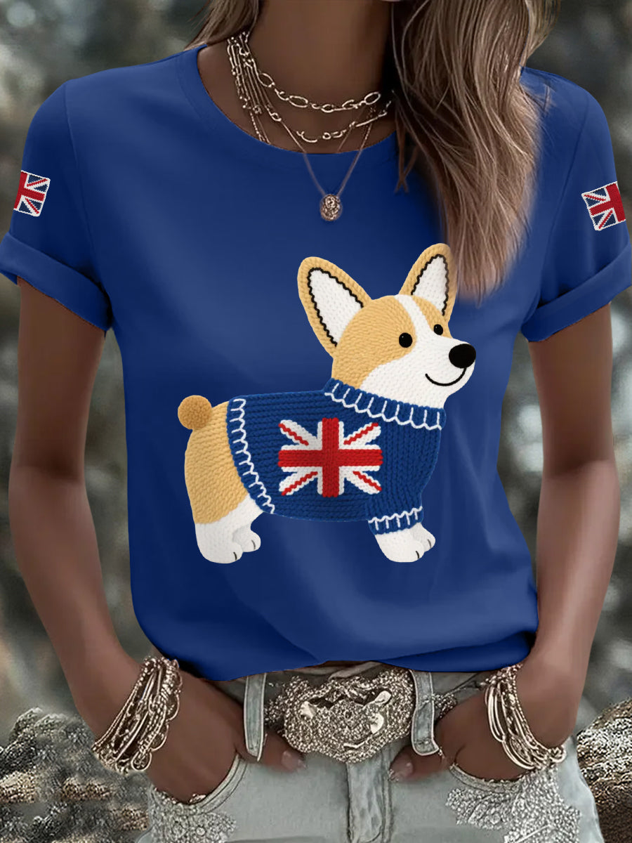 Women's Cute Corgi Union Jack Print Casual Tee-1