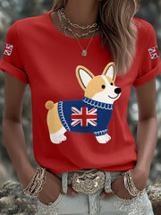 Women's Cute Corgi Union Jack Print Casual Tee-3