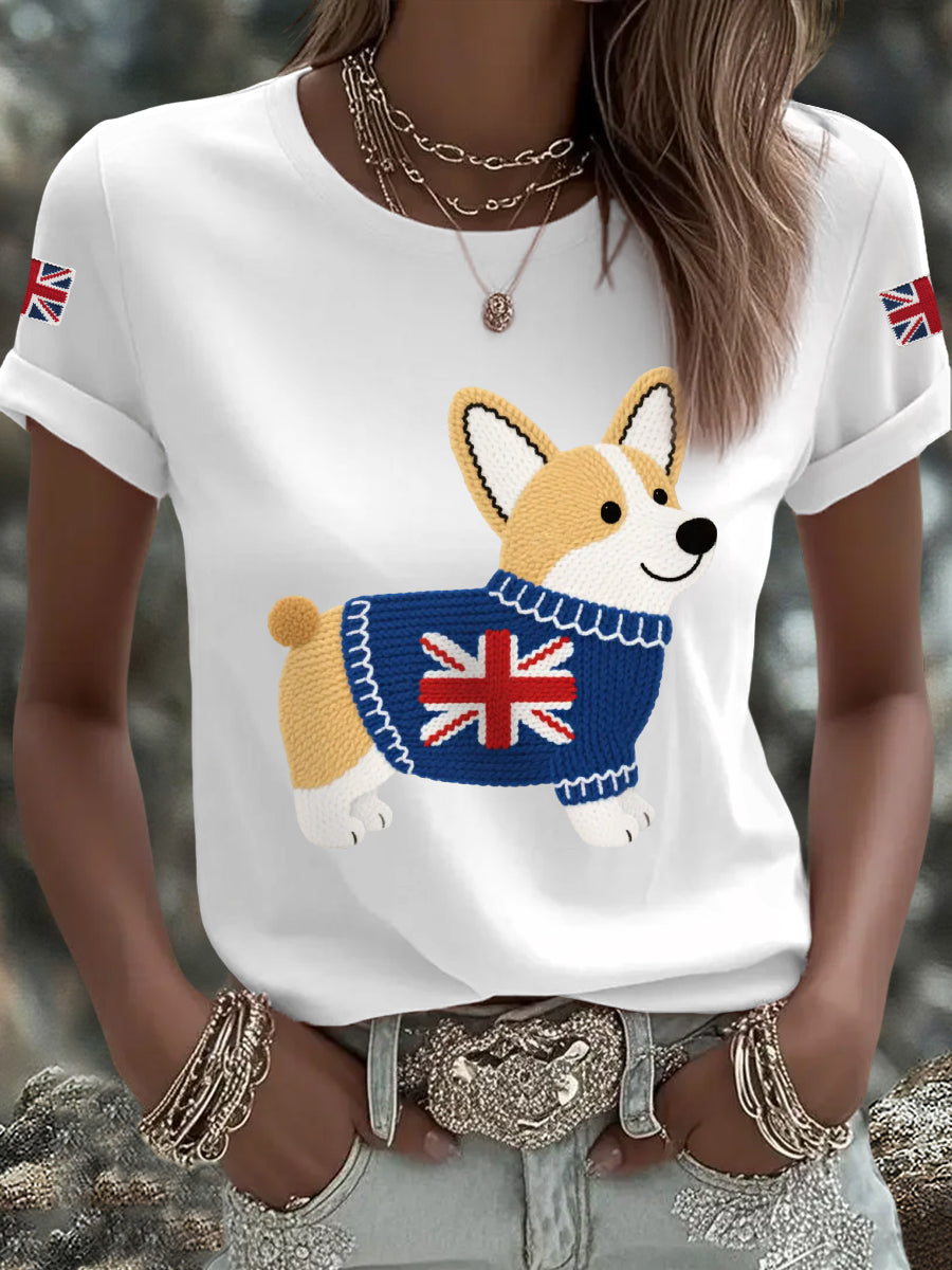 Women's Cute Corgi Union Jack Print Casual Tee-2