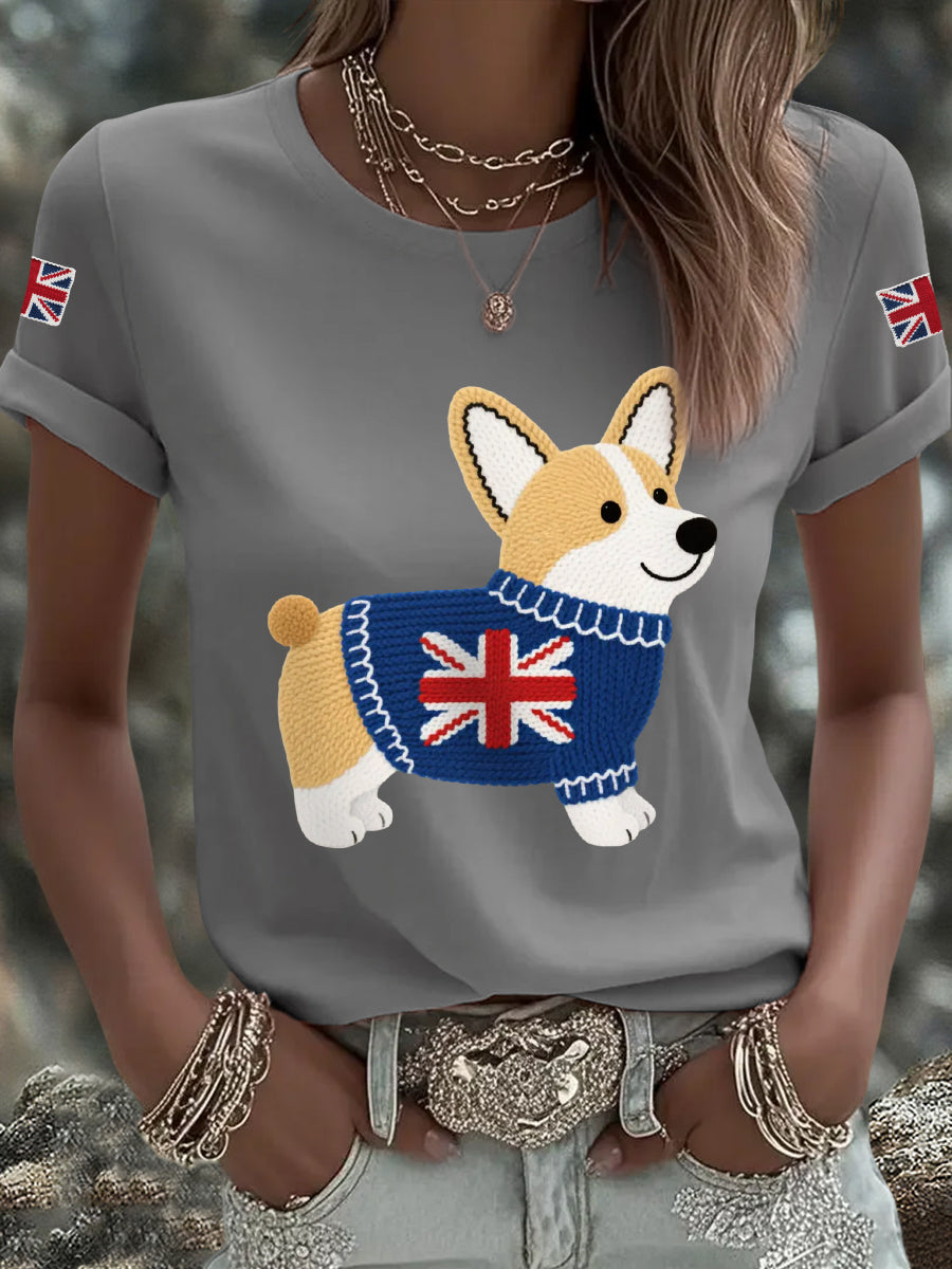 Women's Cute Corgi Union Jack Print Casual Tee-4
