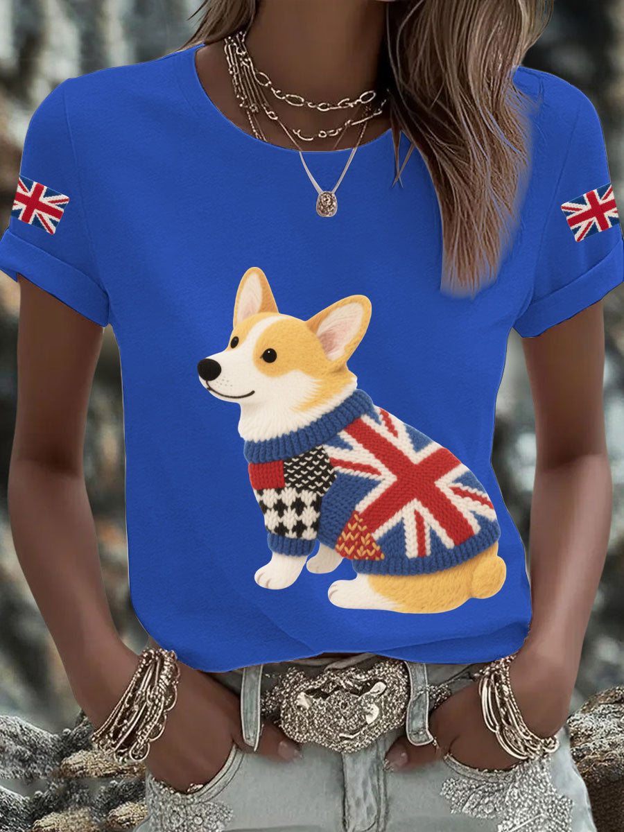 Women's UK Flag Corgi Printed T-shirt-3