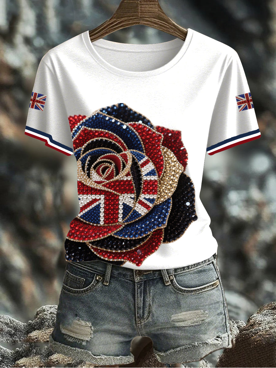 Women's British imitation diamond hot-drilling Printed Iron On Short Sleeve T-Shirt