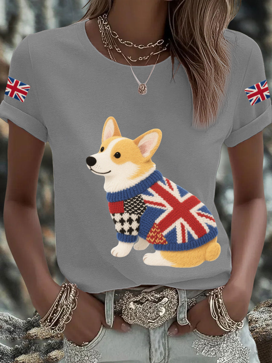 Women's UK Flag Corgi Printed T-shirt-4