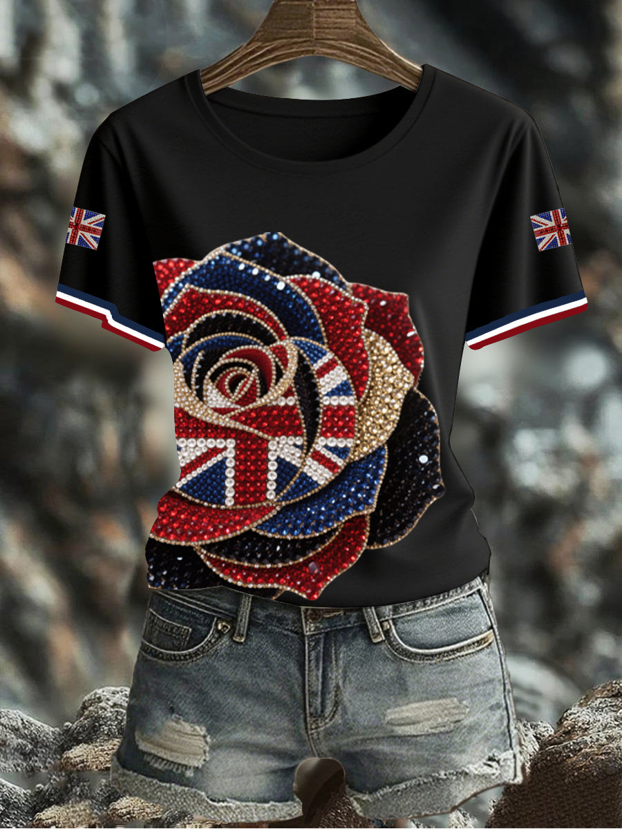 Women's British imitation diamond hot-drilling Printed Iron On Short Sleeve T-Shirt-1