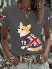 Women's UK Flag Corgi Printed T-shirt-5