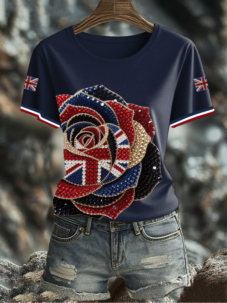 Women's British imitation diamond hot-drilling Printed Iron On Short Sleeve T-Shirt-2