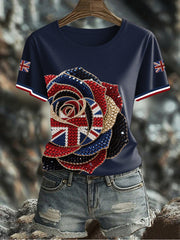 Women's British imitation diamond hot-drilling Printed Iron On Short Sleeve T-Shirt-2