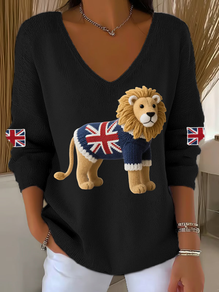 Women's Union Jack Lion Print Casual Long-Sleeve Top-1