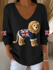 Women's Union Jack Lion Print Casual Long-Sleeve Top-1