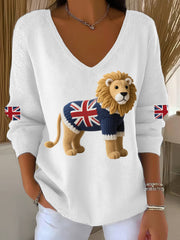 Women's Union Jack Lion Print Casual Long-Sleeve Top-2