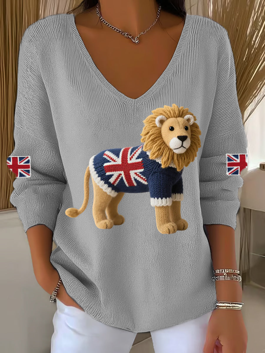 Women's Union Jack Lion Print Casual Long-Sleeve Top-3