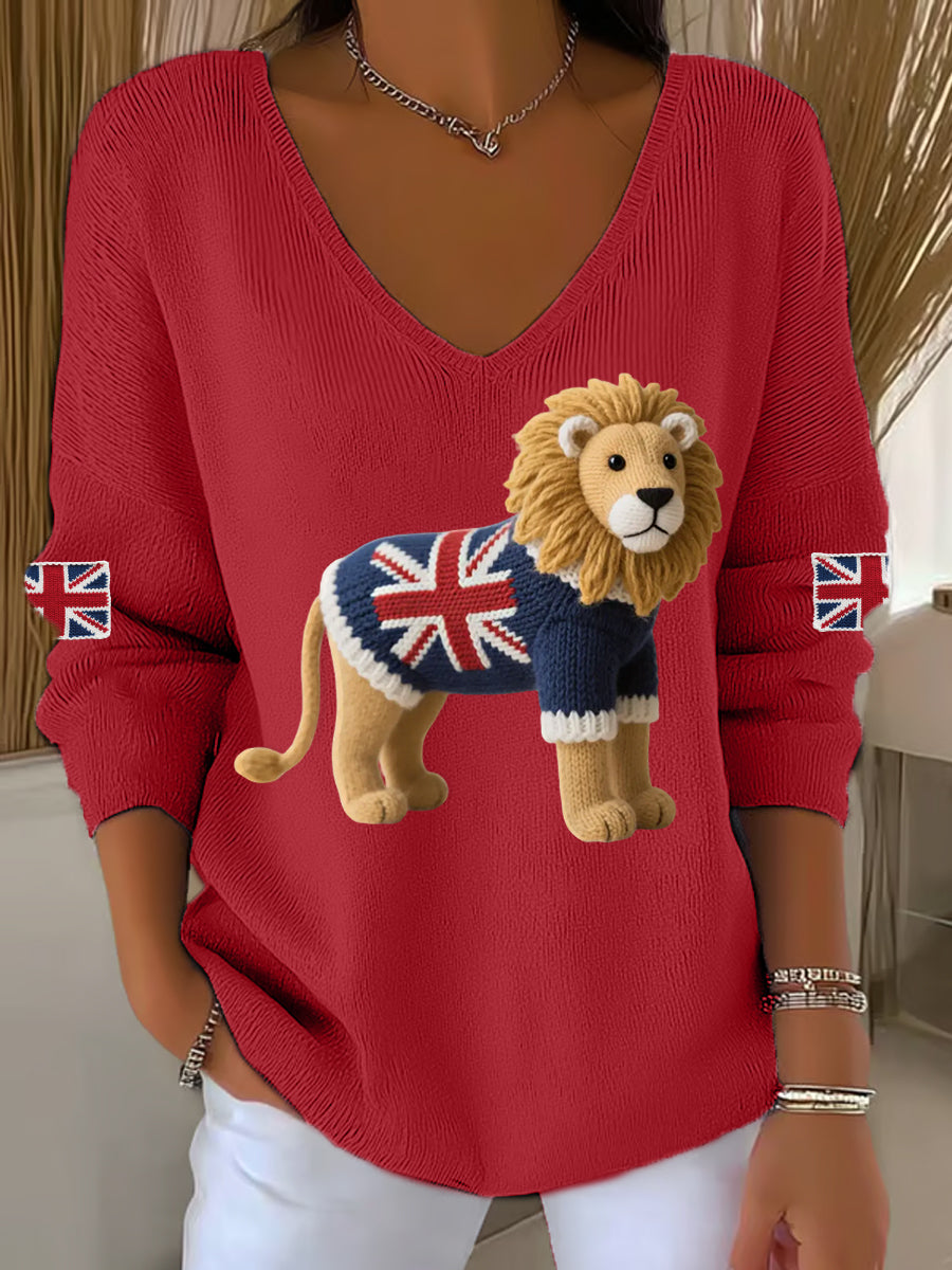 Women's Union Jack Lion Print Casual Long-Sleeve Top-4