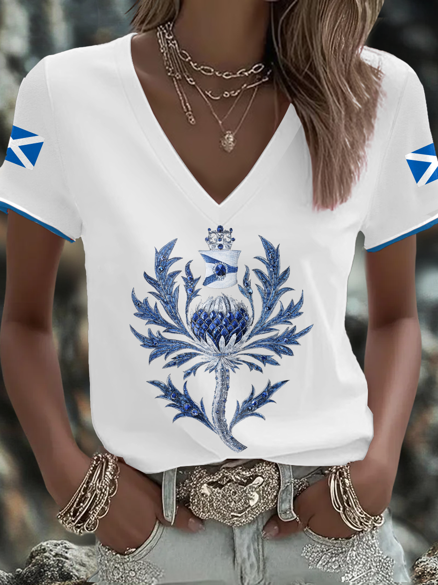 Women's Scotland Flag Art Thistle Printed T-shirt-1