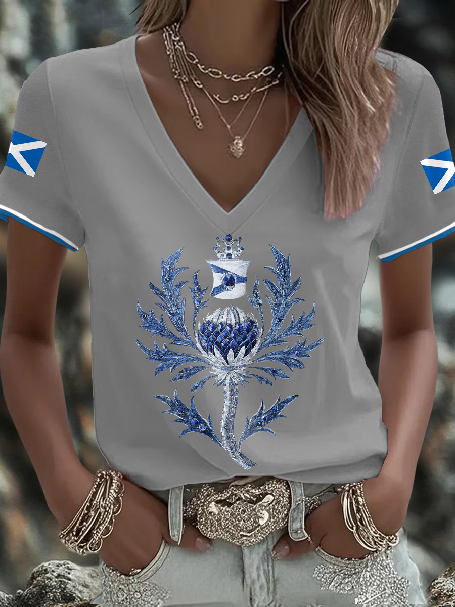 Women's Scotland Flag Art Thistle Printed T-shirt-2
