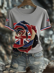 Women's British imitation diamond hot-drilling Printed Iron On Short Sleeve T-Shirt-3