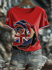 Women's British imitation diamond hot-drilling Printed Iron On Short Sleeve T-Shirt-4