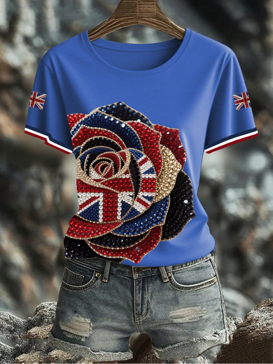 Women's British imitation diamond hot-drilling Printed Iron On Short Sleeve T-Shirt-5