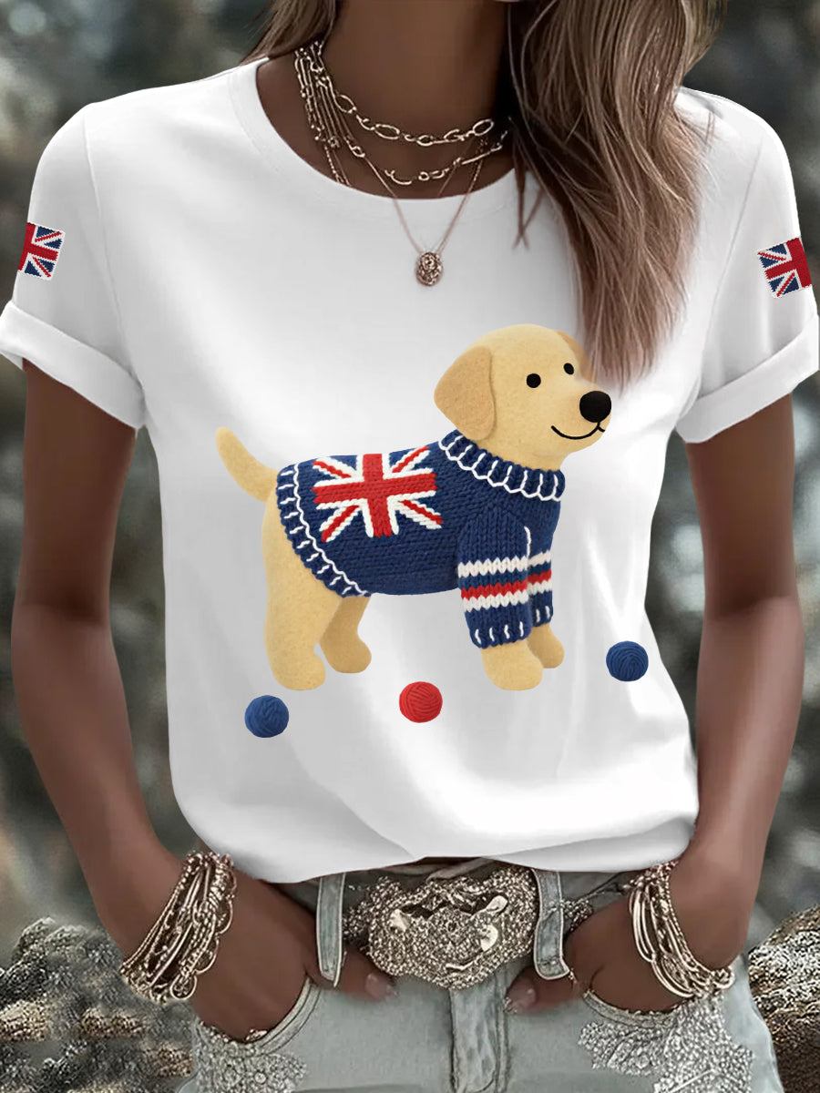 Women's Cute Labrador Union Jack Print Casual Tee-2