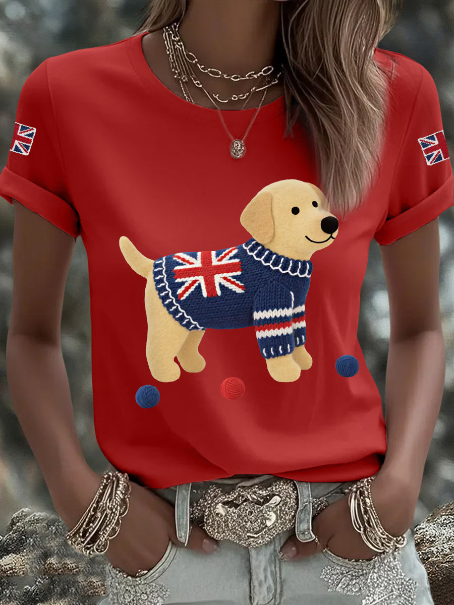 Women's Cute Labrador Union Jack Print Casual Tee-3