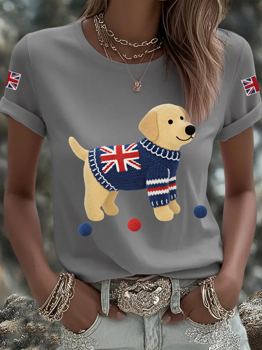 Women's Cute Labrador Union Jack Print Casual Tee-4