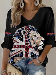 Women's British imitation diamond hot-drilling Printed Casual T-shirt-1
