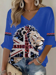 Women's British imitation diamond hot-drilling Printed Casual T-shirt-3