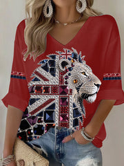 Women's British imitation diamond hot-drilling Printed Casual T-shirt-2