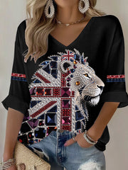 Women's British imitation diamond hot-drilling Printed Casual T-shirt-1