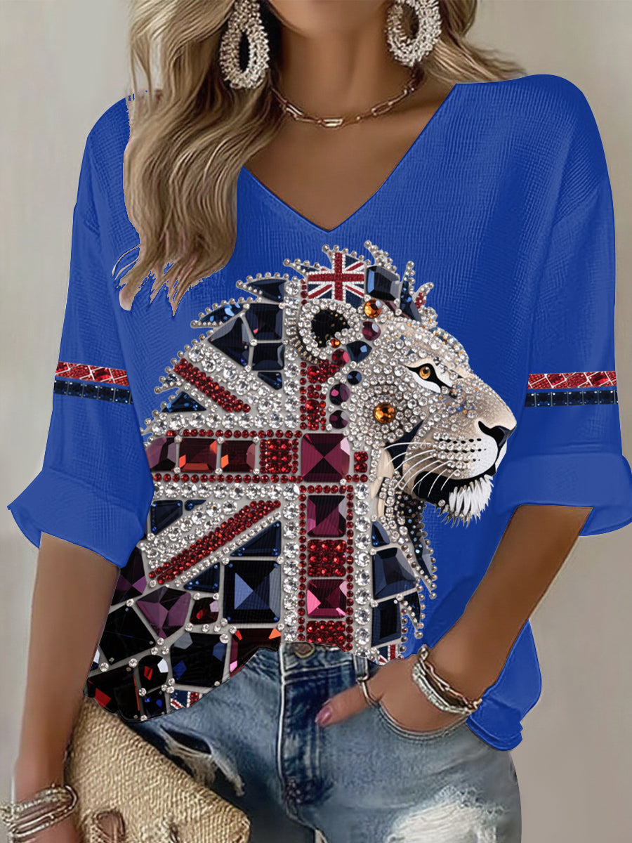 Women's British imitation diamond hot-drilling Printed Casual T-shirt-3