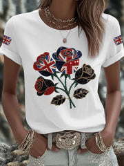 Women's British imitation diamond hot-drilling Printed Iron On Short Sleeve T-Shirt