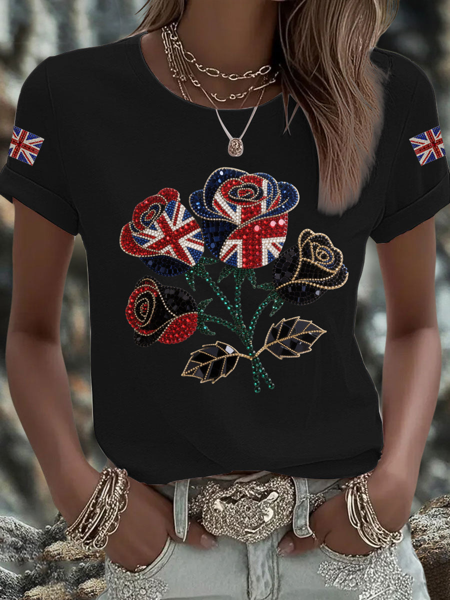 Women's British imitation diamond hot-drilling Printed Iron On Short Sleeve T-Shirt-1