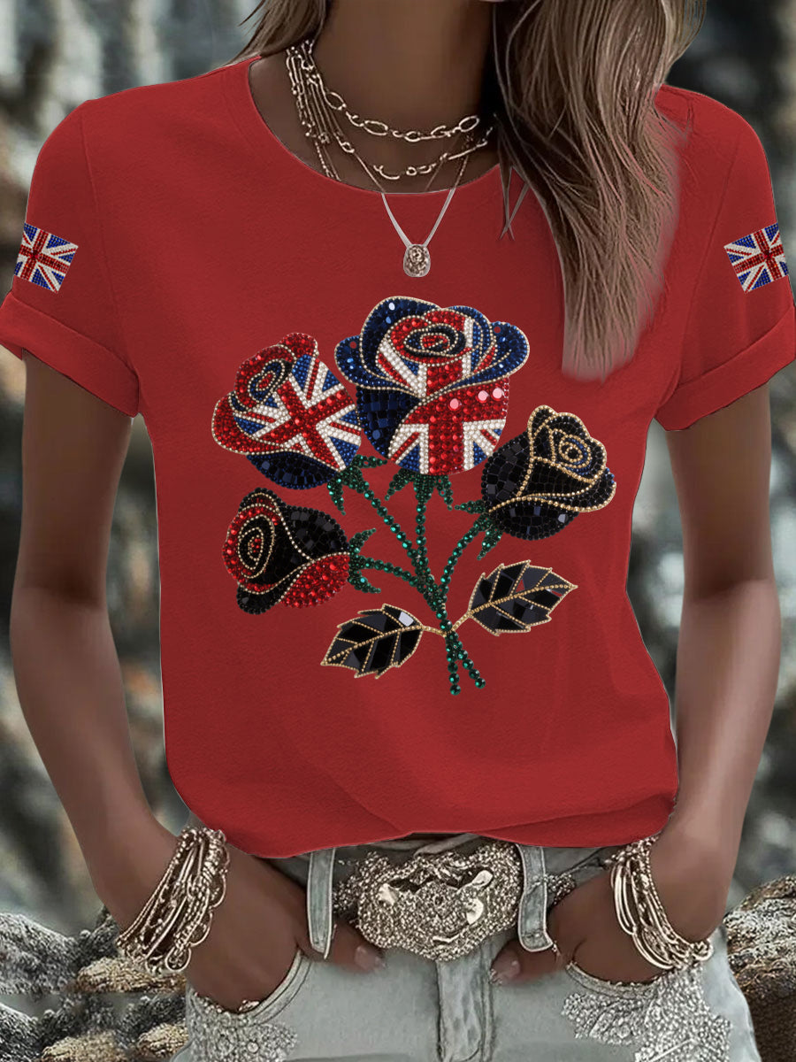Women's British imitation diamond hot-drilling Printed Iron On Short Sleeve T-Shirt-2