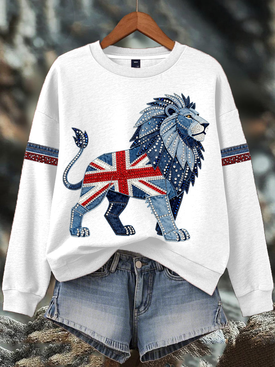 Women's British style imitation denim rhinestone hot-drill Print Sweatshirt