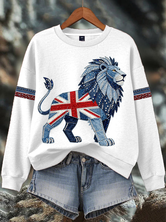 Women's British style imitation denim rhinestone hot-drill Print Sweatshirt