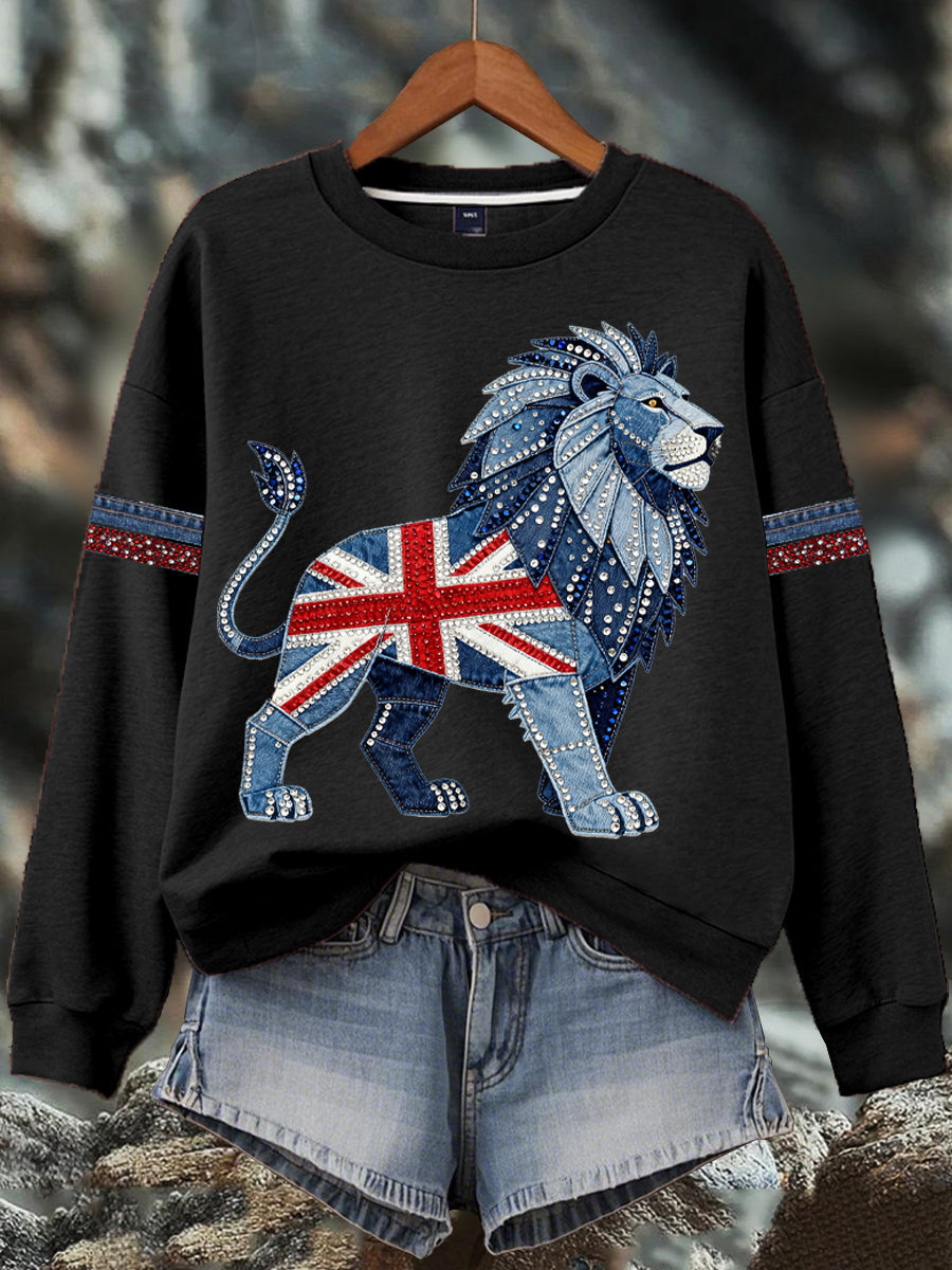Women's British style imitation denim rhinestone hot-drill Print Sweatshirt-1