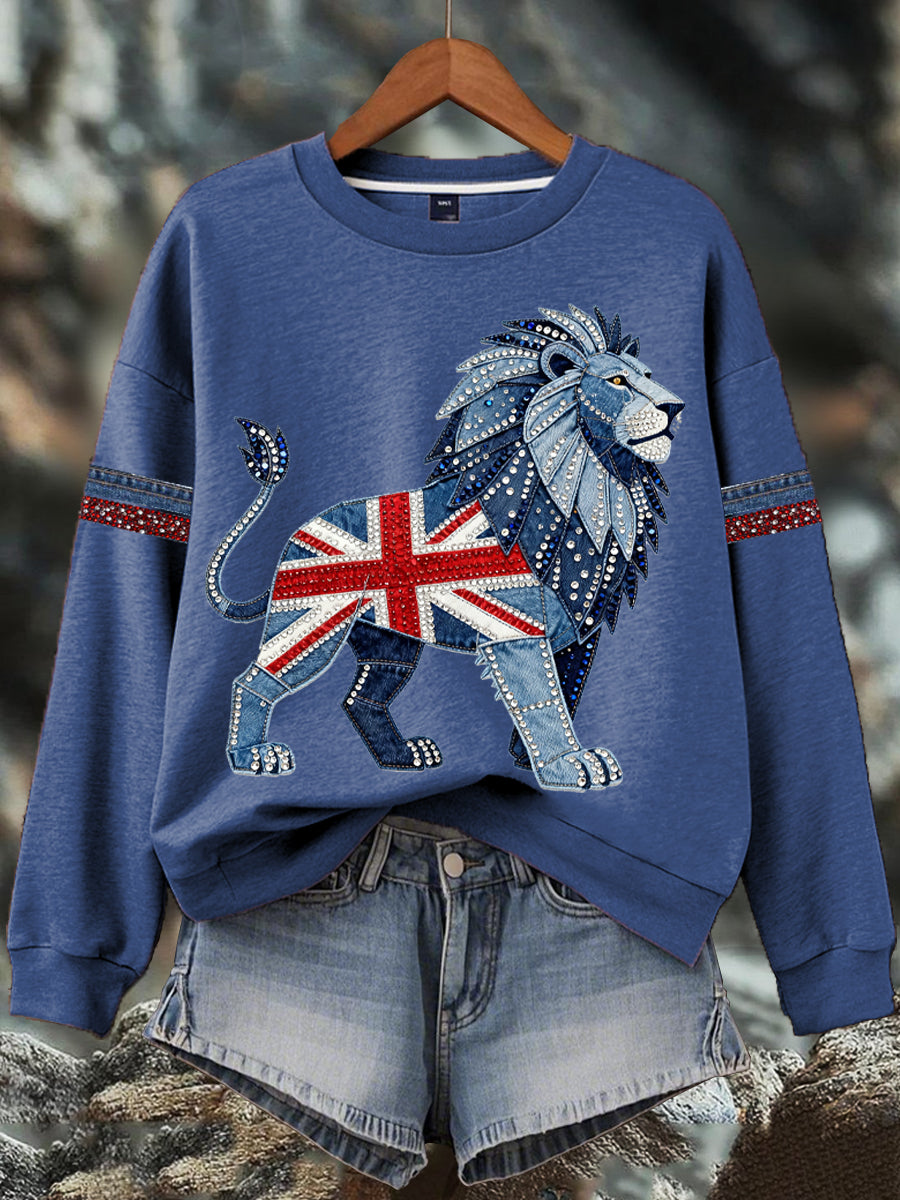 Women's British style imitation denim rhinestone hot-drill Print Sweatshirt-3