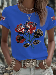 Women's British imitation diamond hot-drilling Printed Iron On Short Sleeve T-Shirt-3