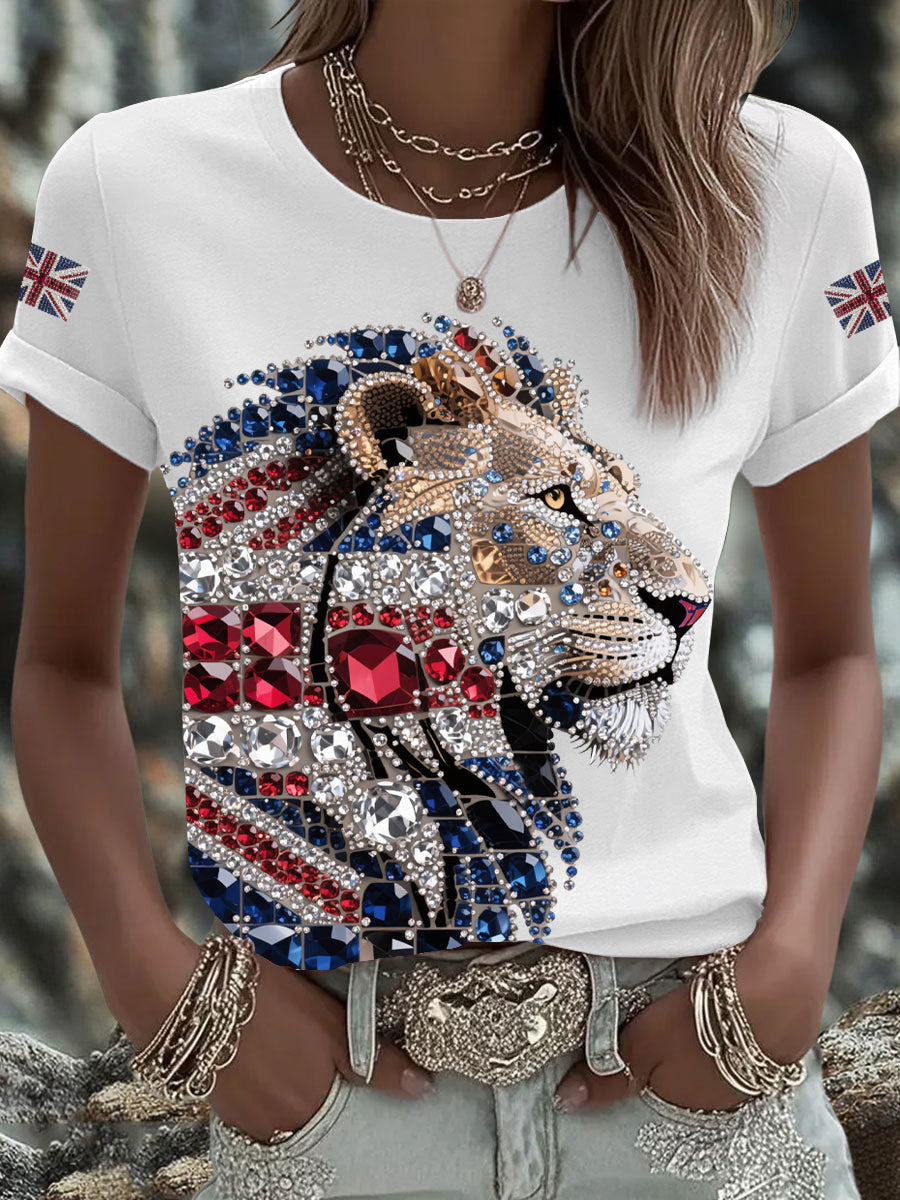 Women's British imitation diamond hot-drilling Printed T-shirt