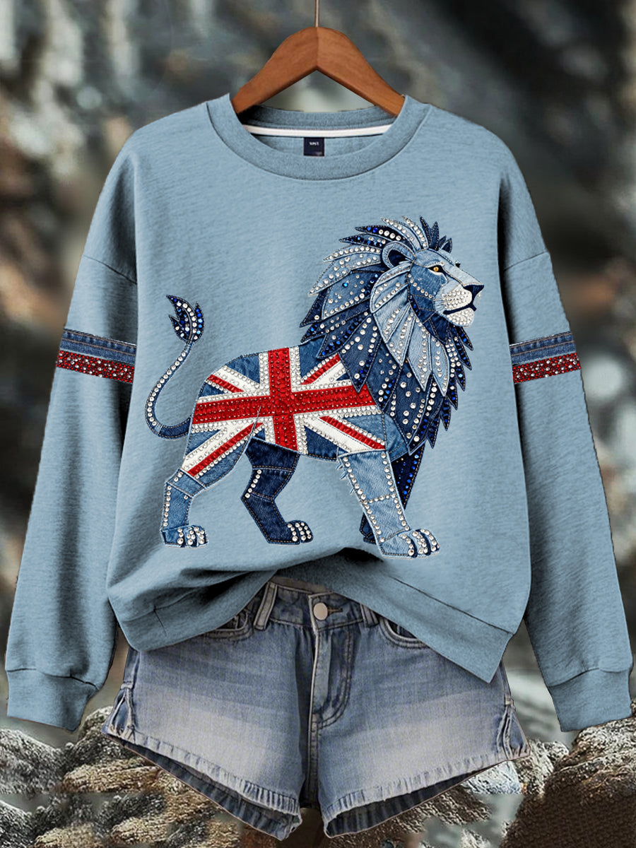 Women's British style imitation denim rhinestone hot-drill Print Sweatshirt-5