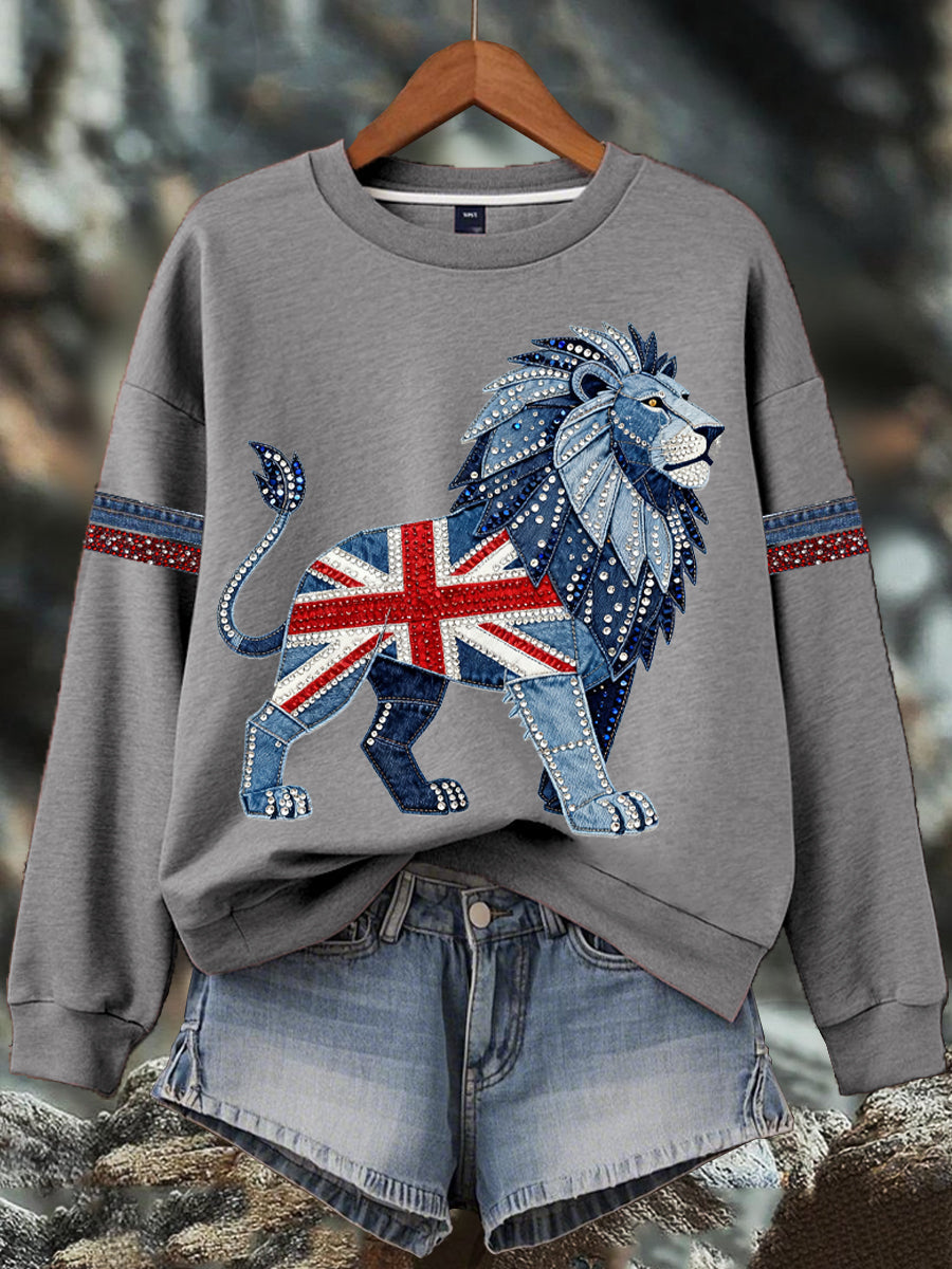 Women's British style imitation denim rhinestone hot-drill Print Sweatshirt-4