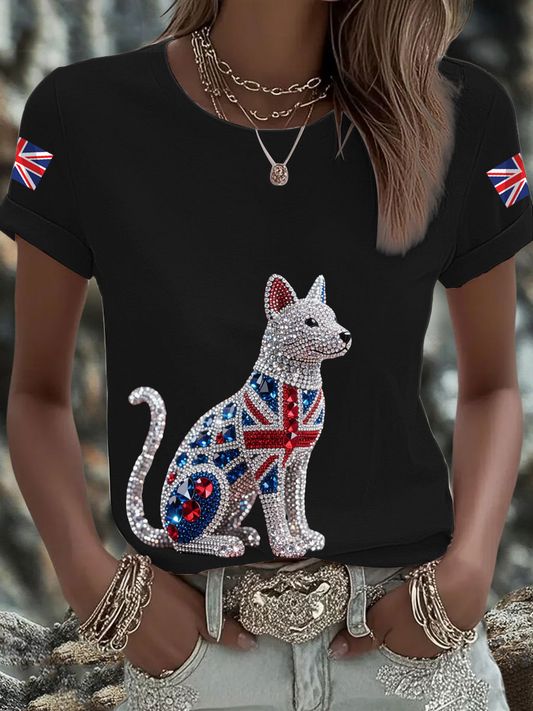 Women's British imitation diamond hot-drilling Printed short-sleeved T-shirt