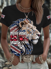 Women's British imitation diamond hot-drilling Printed T-shirt-1