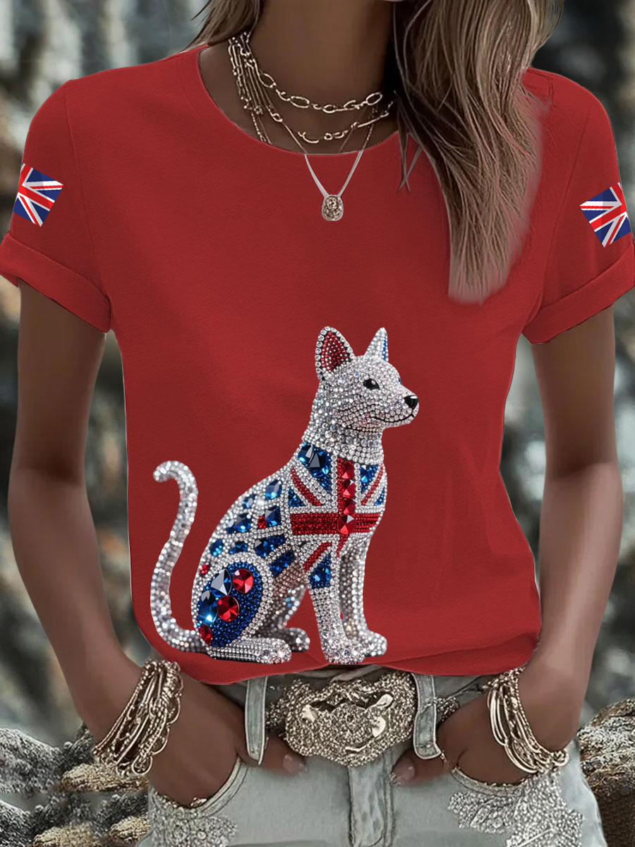 Women's British imitation diamond hot-drilling Printed short-sleeved T-shirt-2