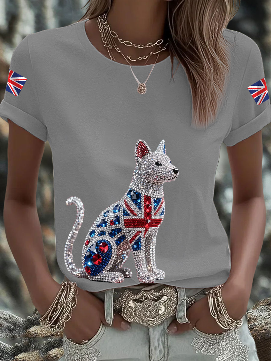 Women's British imitation diamond hot-drilling Printed short-sleeved T-shirt-3