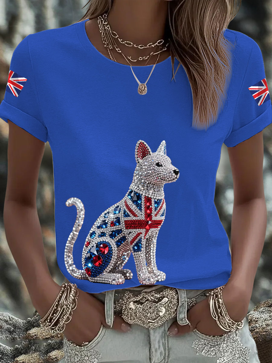 Women's British imitation diamond hot-drilling Printed short-sleeved T-shirt-4