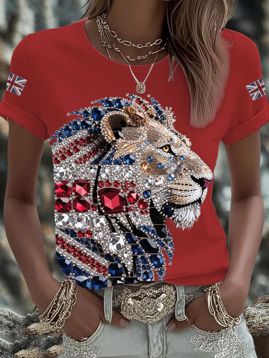 Women's British imitation diamond hot-drilling Printed T-shirt-2