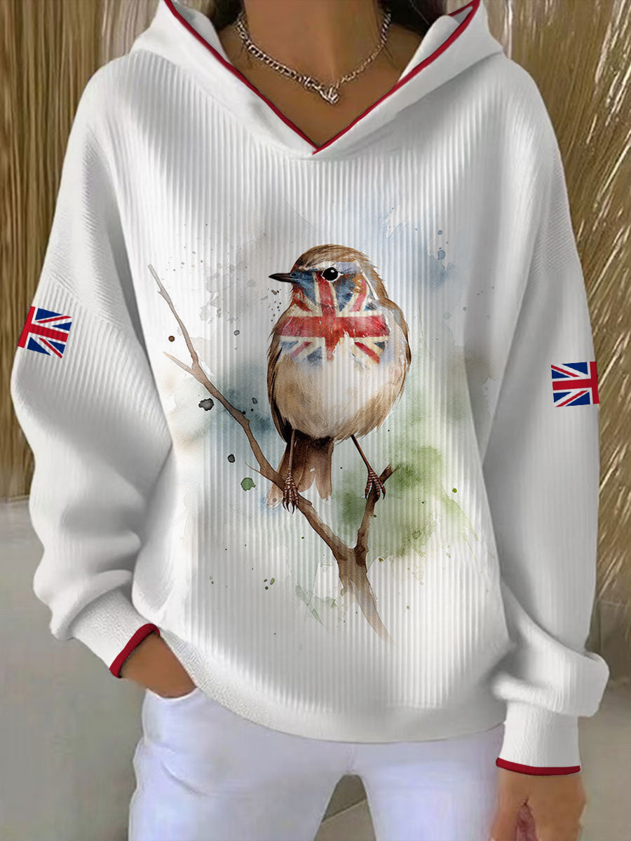 Women's UK Flag Art Watercolor Robin Printed Sweatshirt