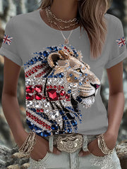 Women's British imitation diamond hot-drilling Printed T-shirt-4